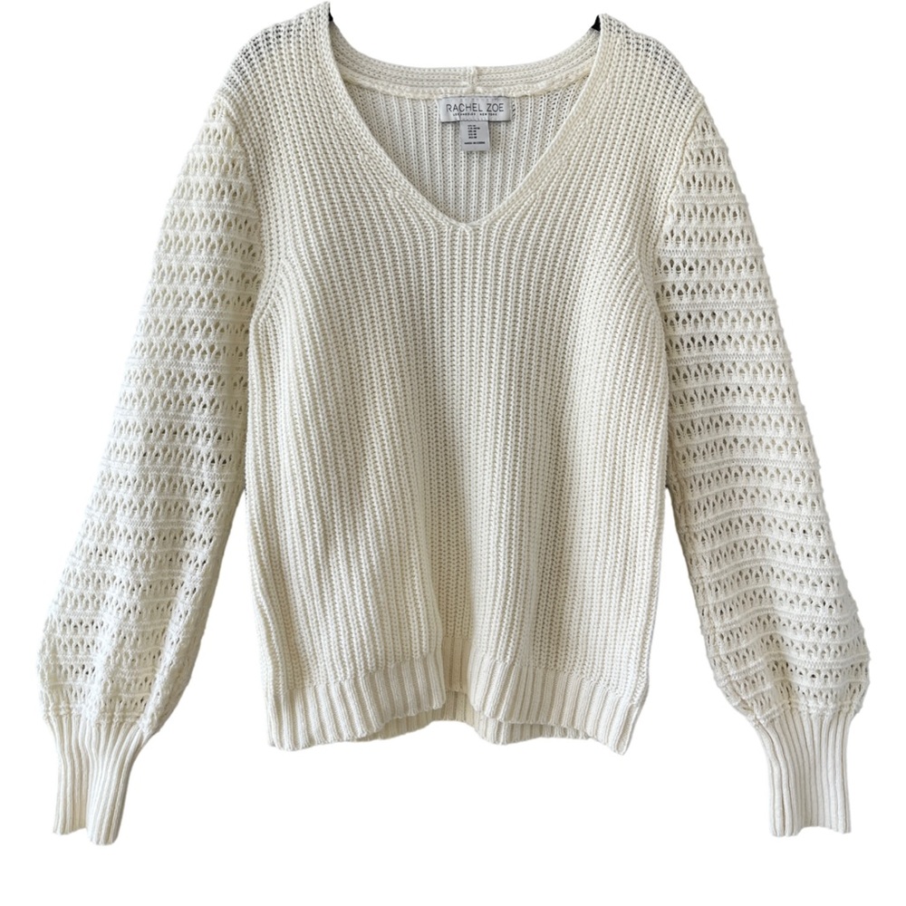 Rachel Zoe | Pointelle Sleeve V-Neck Sweater in Ivory - Size M